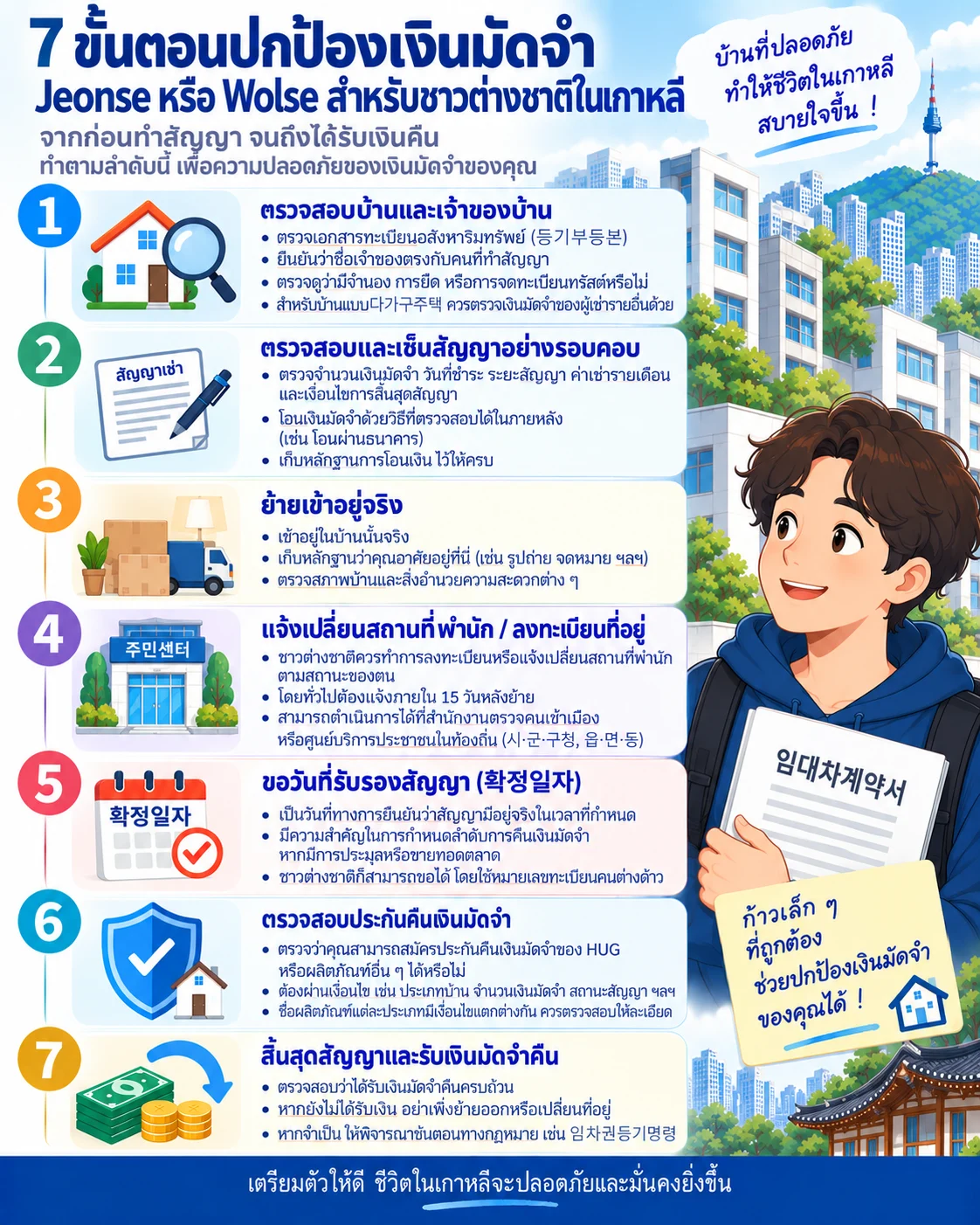 ขั้นตอน 7 ข้อที่ผู้เช่าชาวต่างชาติในเกาหลีควรตรวจสอบเพื่อปกป้องเงินมัดจำ jeonse หรือ wolse ตั้งแต่ก่อนทำสัญญาจนถึงได้รับเงินคืน