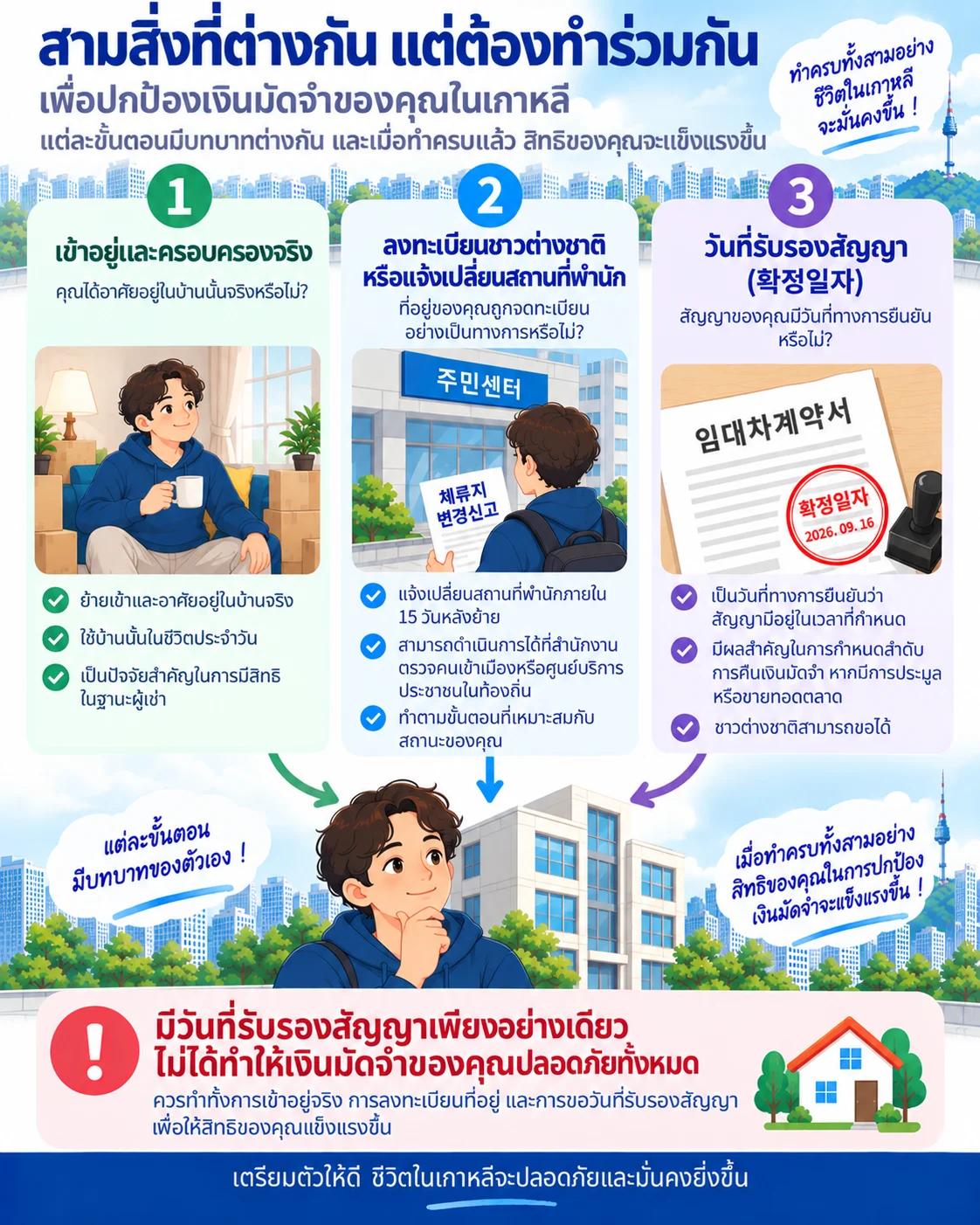 แผนภาพอธิบายบทบาทที่แตกต่างกันของการเข้าอยู่จริง การลงทะเบียนที่อยู่ และวันที่รับรองสัญญา