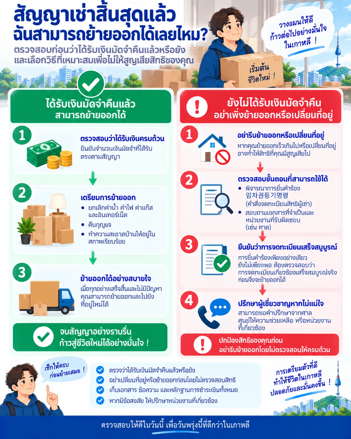 แผนภาพตัดสินใจก่อนย้ายออกหลังสิ้นสุดสัญญา โดยแยกกรณีที่ได้รับเงินมัดจำคืนแล้วกับกรณีที่ยังไม่ได้รับคืน